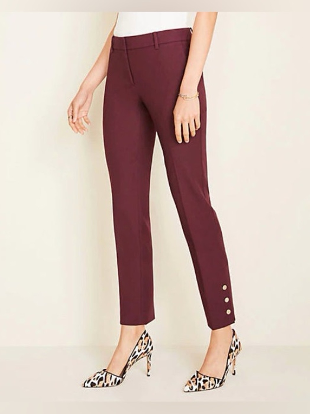 NWT Ann Taylor Maroon Gold Button The Ankle Pant Size 14 Tall